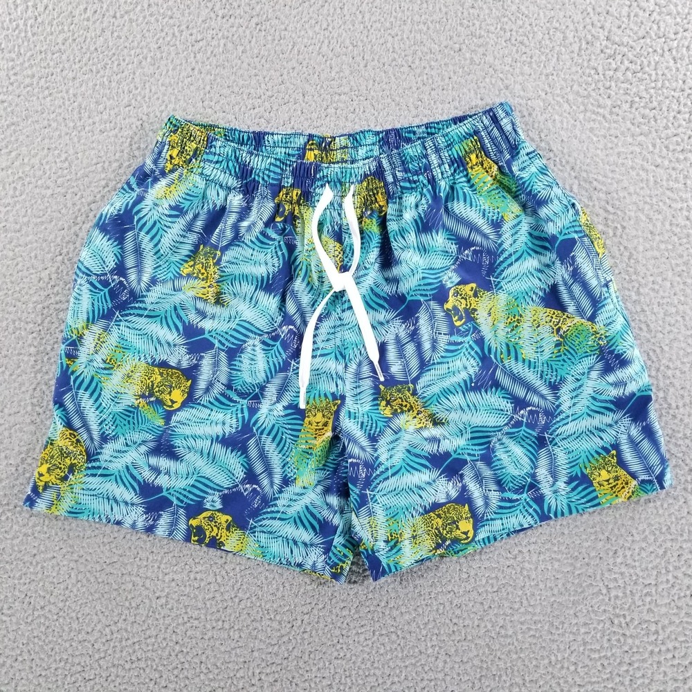 Chubbies Swim Trunks Mens Medium Blue Jaguar Jungle Leopard Palm Lined Shorts
